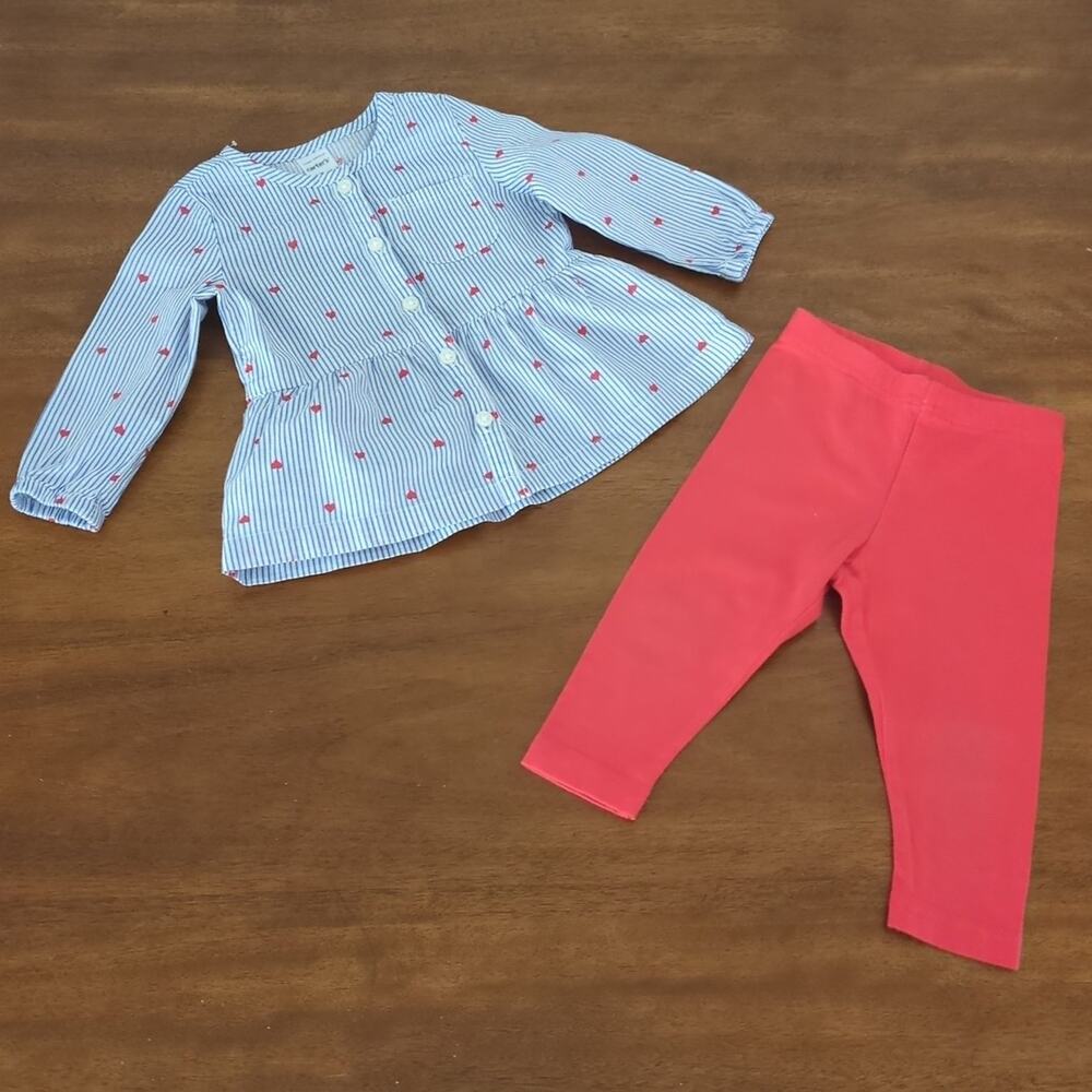 Carter's 2 pc Set Top & Pant Red Blue Stripe Hearts size 12M EUC
